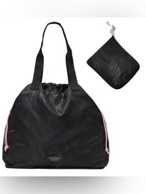 Victoria's Secret Black Tote with Pink Drawstring Accent